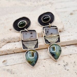 AMAZING GEOMETRIC Sterling Silver Dangle Earrings Onyx Druzy Chalcedony